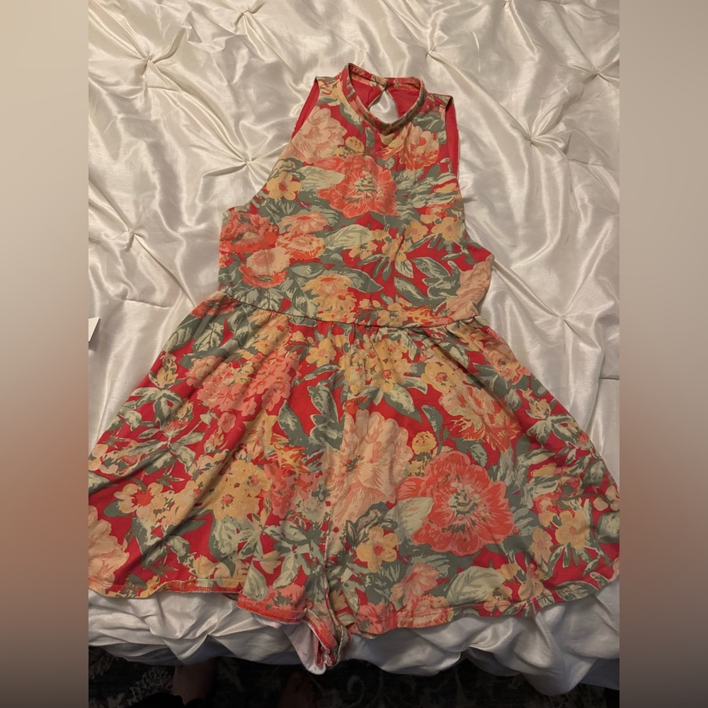Kimchi Blue Red and Green Floral Open Back Romper